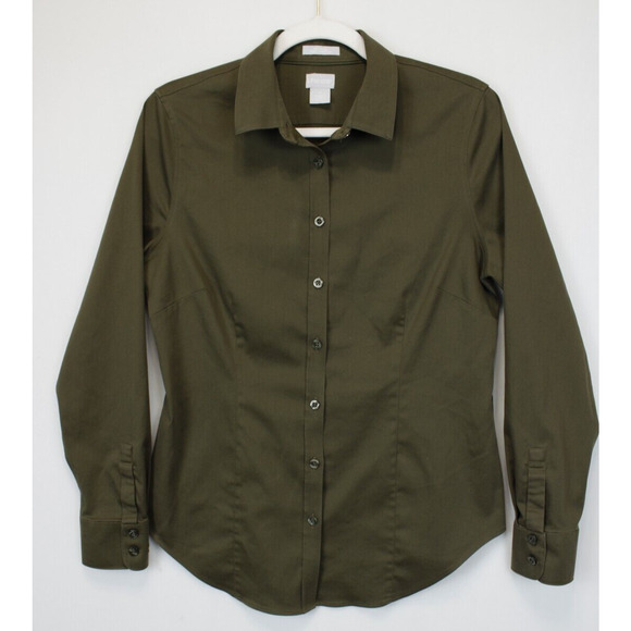 Chico's Tops - Chico's No Iron Chic Stretch Button Front Top Women 4 Long Sleeve Collared Olive